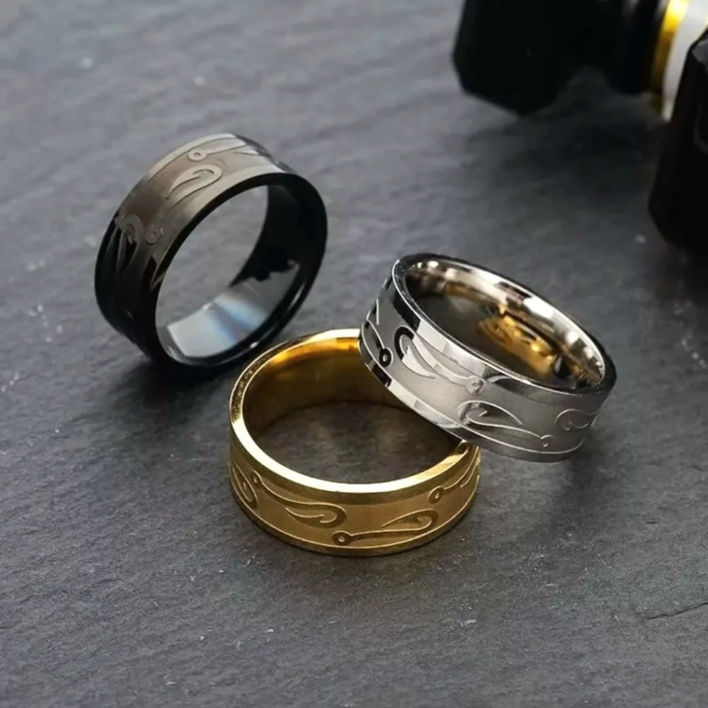 Tungsten Carbide FISHING HOOK Fisherman Angling Gold Silver Black 8mm Band Ring